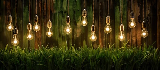 Artful display of light bulbs hanging from a wooden fence in a lush grass meadow, creating a unique and enchanting ambiance for any outdoor event - obrazy, fototapety, plakaty