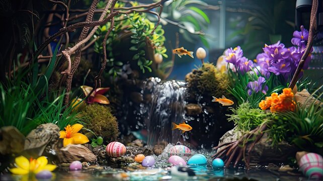 aquarium decorated with easter theme and water fall miniature aquatic landscape paludarium with small ornamental fish