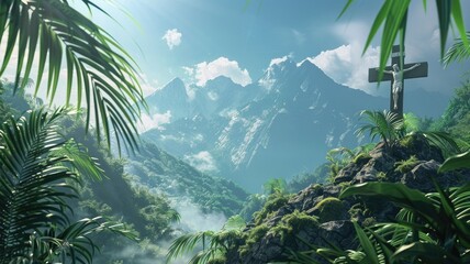 christian catholic background jesus cross on the jungle with palm coconut tree leaf and mountain scenery happy good friday