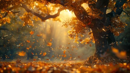 Fall season peaceful background, forest floor covered with leaves falling from a mysterious oak tree and autumnal sun shining through the foliage - Autumn seasonal magical ambience