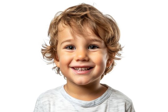 A little boy with curly hair smiling at the camera, isolated on white background.