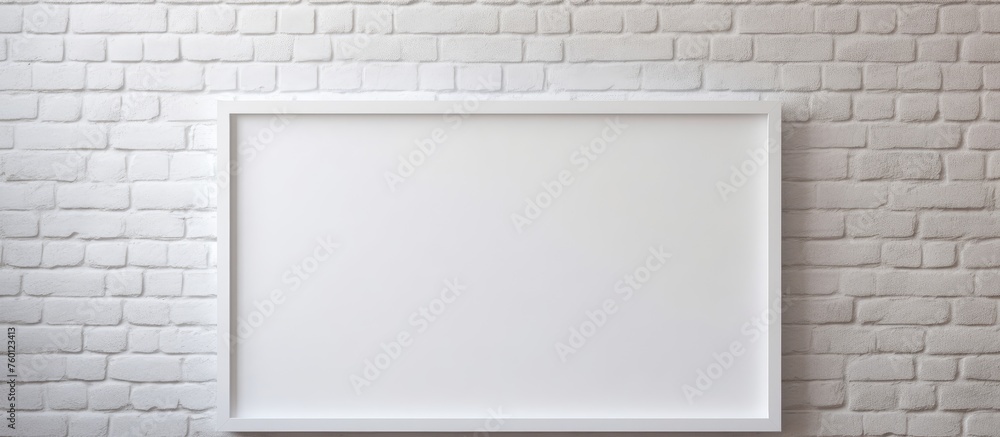 Poster a symmetrical rectangle picture frame hangs on a white brick wall in a room with a patterned ceiling