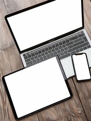 Open laptop with digital tablet and white smartphone. All with isolated screen on old wooden desk.