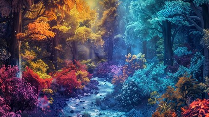 Fototapeta na wymiar Fantastic colorful forest landscape with streamlet. Abstract design with surreal scenery