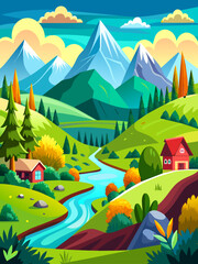Naklejka premium Tranquil landscape vector background with rolling hills, lush green fields, and a peaceful blue sky.