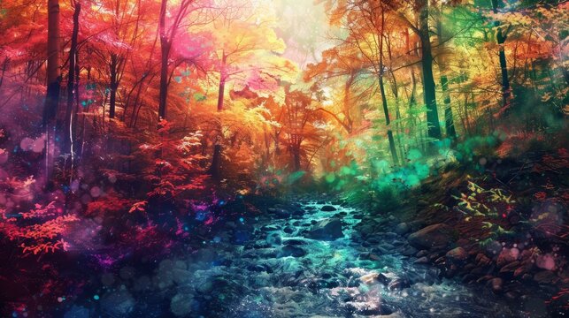 Fantastic colorful forest landscape with streamlet. Abstract design with surreal scenery