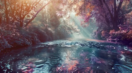 Fantastic forest landscape with streamlet. Abstract design with surreal scenery