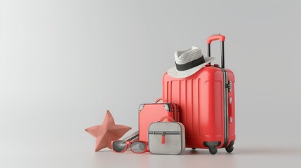 3d render design suitcase with holiday equipment isolated white background AI Image Generative - obrazy, fototapety, plakaty