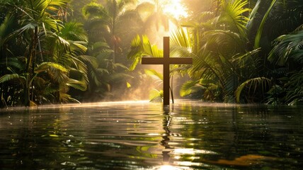 Jesus cross in the midle of the pond with Palm leaf tree at the background calm image in palm...
