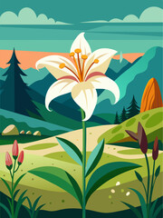 Lily flowers bloom beautifully in a serene natural landscape.