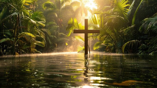 Jesus cross in the midle of the pond with Palm leaf tree at the background calm image in palm sunday theme christian background