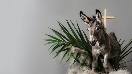 palm sunday icon arrangement of donkey palm leaf and jesus cross with plain grey background of presentation
