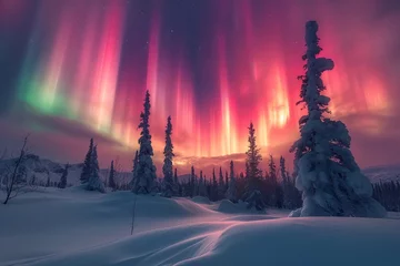 Photo sur Plexiglas Violet Northern lights  above snow trees. Winter landscape with mountains and forest. Aurora borealis with starry in the night sky. Fantastic Winter Epic Magical Landscape. Gaming RPG background