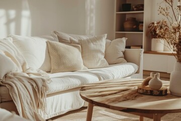 Cozy living room interior with knitted blanket on comfortable sofa