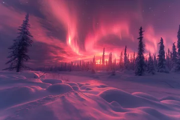 Zelfklevend Fotobehang Northern lights  above snow trees. Winter landscape with mountains and forest. Aurora borealis with starry in the night sky. Fantastic Winter Epic Magical Landscape. Gaming RPG background © Abstract51