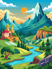 Fototapeta na wymiar Lovely vector landscape background depicting a serene mountain range under a clear blue sky.