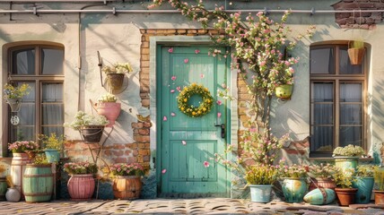 small broken house facade decorated with beautyfull flower and clean with small blue door