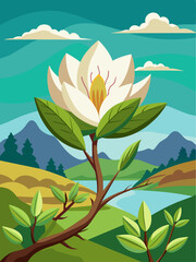 Magnolia vector landscape background with beautiful flower tree and green grass