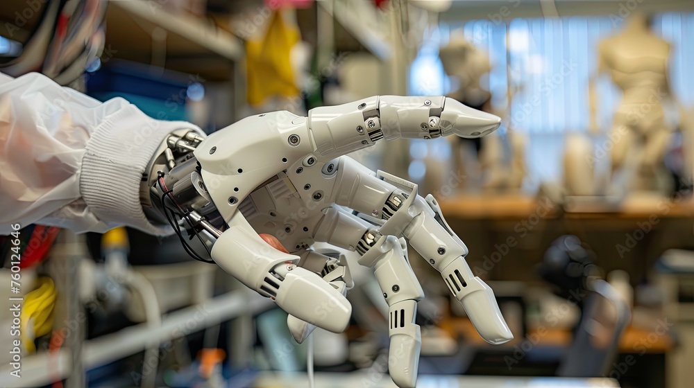 Poster a close-up of a robotic hand in a laboratory setting