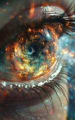 a close-up of a human eye with a colorful galaxy reflected in the iris