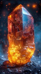 a large amber crystal sitting on a rock