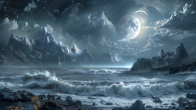 Fantasy landscape with sea, mountains and moon