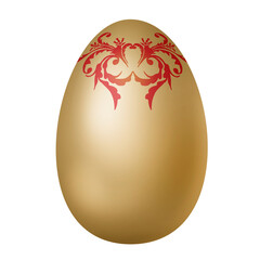 Easter symbol. Easter food. A beautiful golden egg with a red pattern.

