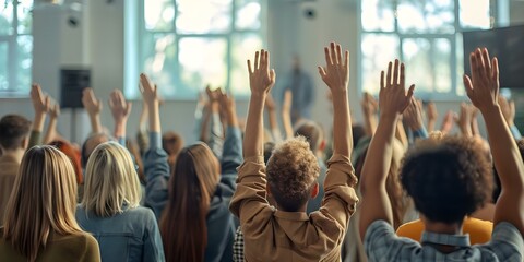 Group of people with hands raised in worship at Christian gathering. Concept Christian Gathering, Worship, Group Prayer, Raised Hands, Spiritual Community - obrazy, fototapety, plakaty