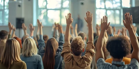 Fotobehang Group of people with hands raised in worship at Christian gathering. Concept Christian Gathering, Worship, Group Prayer, Raised Hands, Spiritual Community © Ян Заболотний