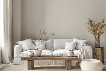 Cozy living room interior with knitted blanket on comfortable sofa