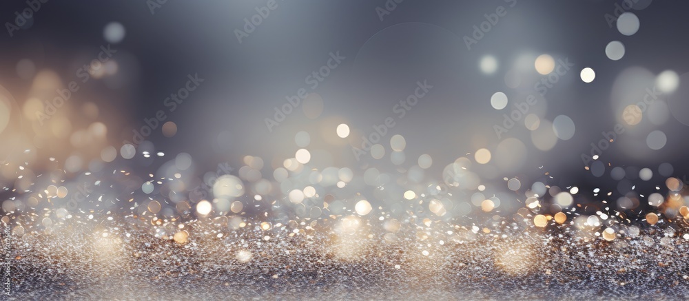 Poster an obscured image of a sparkling background against a dark backdrop, resembling a cityscape at dusk 
