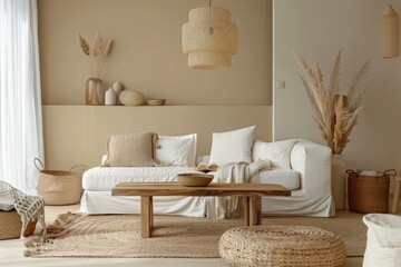 Cozy living room interior with knitted blanket on comfortable sofa