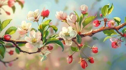 Realistic fruit tree branch with spring flowers. Beautiful flowering apple tree in spring day