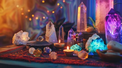 Reiki crystals altar. Creating sacred meditaion space with good vibes for home, relaxation and mental health