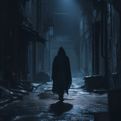 A mysterious figure in a hooded cloak in a dark alley - obrazy, fototapety, plakaty