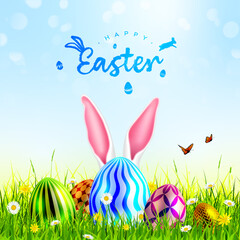 Easter poster, Easter card with bunny ears and eggs on grass