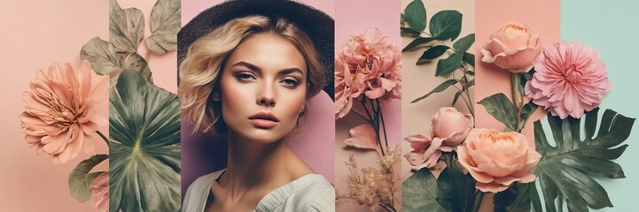 Collage. Portrait of a beautiful girl in flowers. Bed tones and retro style add a special charm and charm to this work of art.