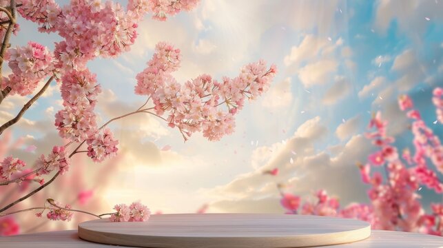 Round podium platform stand for product presentation and spring flowering tree branch with pink cherry blossom flowers on beautiful sky background. Front view