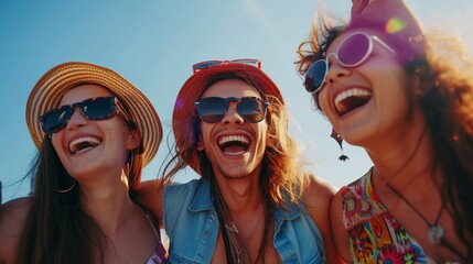 Joyful friends in sunglasses and hats laughing on a sunny day