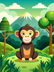 A monkey sits on a rock in a lush green landscape.