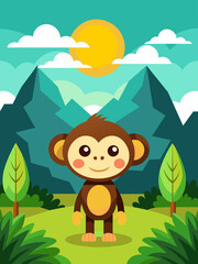 A monkey sits on a rock in a lush green landscape.