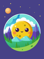Naklejka premium Adorable moonlit night scene with clouds and stars in a pastel palette.