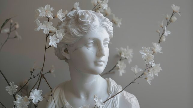 Sculpture of a female bust in antique (Greek, Roman) style with blooming flowers. Marble statue of a woman's head. Beauty in stone