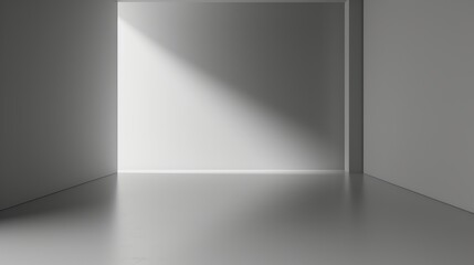 A minimalist interior design concept image showing a simple white room with sunlight shining through a window on the left side