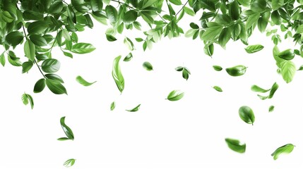 A refreshing image featuring a collection of green leaves appearing to float in space on a white background