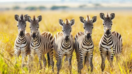 Foto auf Glas Several baby zebras stand in the savannah and look at the camera © vannet
