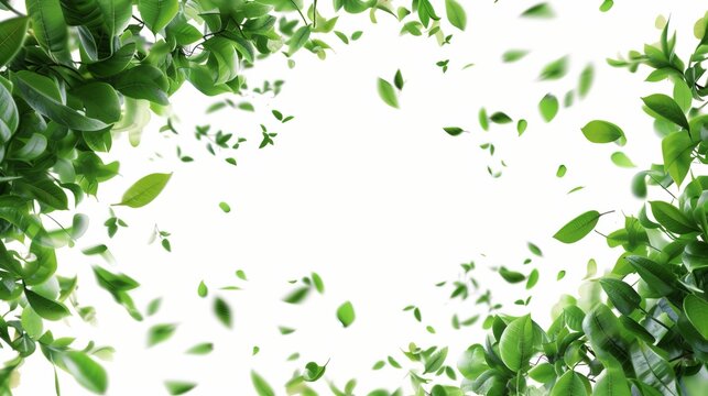 This image shows a dynamic scene of green leaves cascading down against a contrasting white backdrop