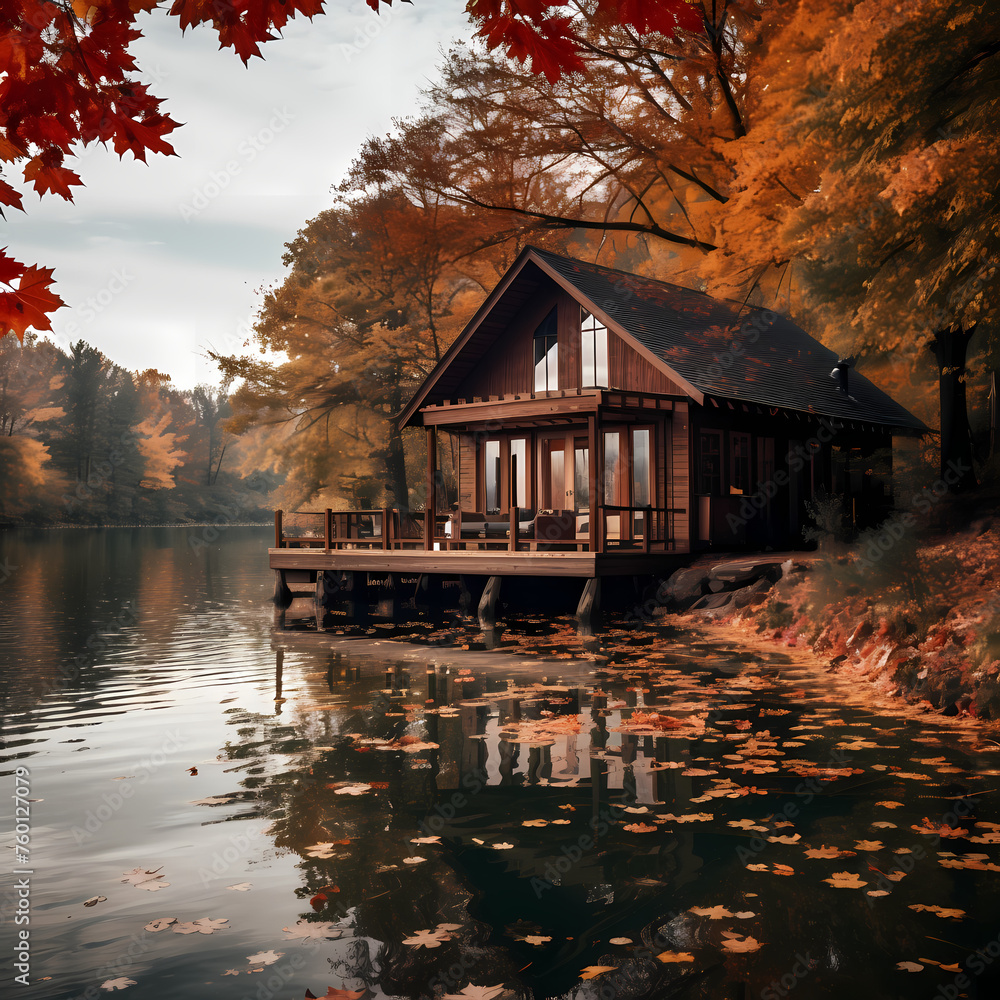 Poster A serene lakeside cabin surrounded by autumn foliage