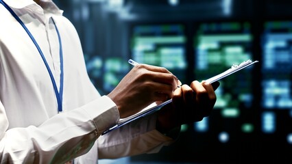 Close up of worker writing info on supercomputer cybersecurity dangers arising due to unsecured...