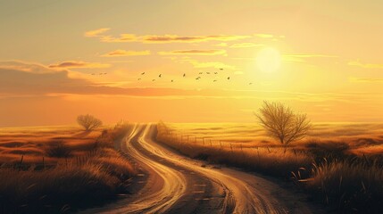 Tranquil roads bathed in the golden light of sunrise, cutting through vast expanses of open countryside, the stillness broken only by the occasional bird's song, evoking a feeling of solitude and intr